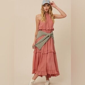 Listicle Pink Maxi Sundress with Tiered Ruffles and Halter Neckline